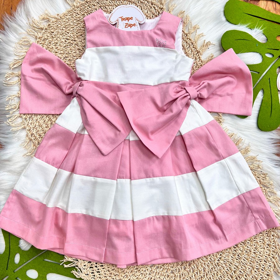 Vestido Tricoline Rosa e Off White com Laços